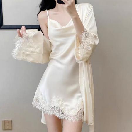 BY14888# 网图性感睡衣女冰丝吊带睡裙睡袍两件套装带胸垫荡领高级感家居服 睡裙批发睡衣批发家居服批发