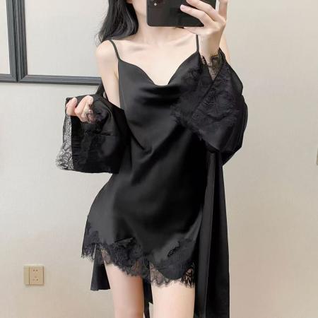 BY14888# 网图性感睡衣女冰丝吊带睡裙睡袍两件套装带胸垫荡领高级感家居服 睡裙批发睡衣批发家居服批发