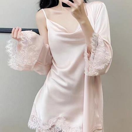 BY14888# 网图性感睡衣女冰丝吊带睡裙睡袍两件套装带胸垫荡领高级感家居服 睡裙批发睡衣批发家居服批发