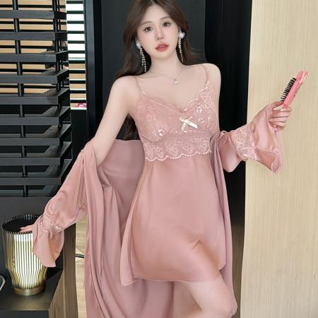 BY14890# 性感睡衣女夏吊带睡裙睡袍两件套冰丝高级感带胸垫纯欲家居服 睡裙批发睡衣批发家居服批发