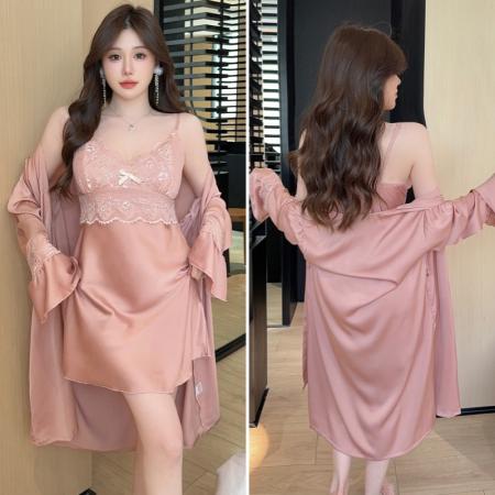 BY14890# 性感睡衣女夏吊带睡裙睡袍两件套冰丝高级感带胸垫纯欲家居服 睡裙批发睡衣批发家居服批发