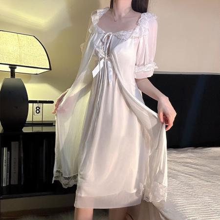 BY14892# 性感睡衣女网纱吊带睡裙睡袍两件套带胸垫中长款家居服纯欲风睡衣 睡裙批发睡衣批发家居服批发