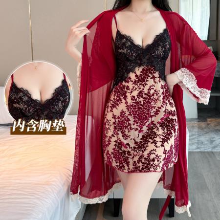 性感睡衣女烧花植绒吊带睡裙网纱外袍蕾丝露背带胸垫纯欲风家居服 睡裙批发睡衣批发家居服批发