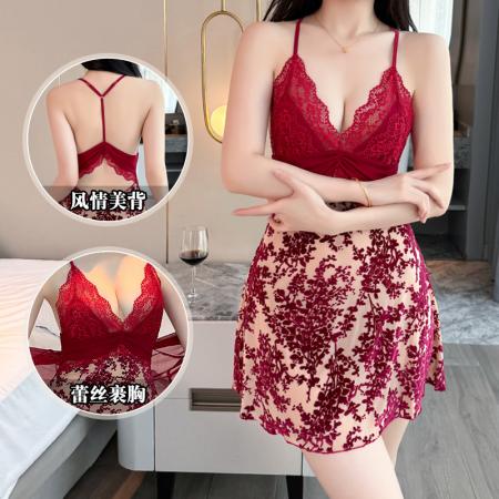 性感睡衣女烧花丝绒吊带睡裙蕾丝露背迷人情趣纯欲风家居服高级感 睡裙批发睡衣批发家居服批发