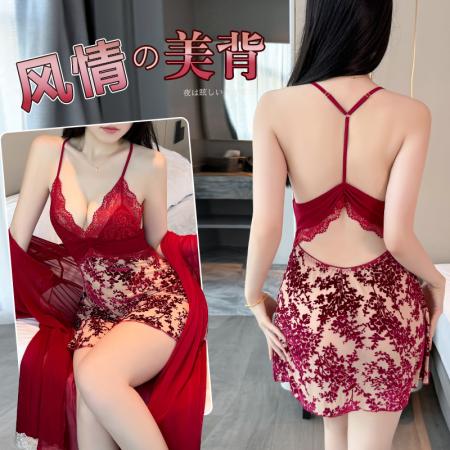 BY14896# 性感睡衣女烧花丝绒吊带睡裙网纱外袍套装蕾丝露背纯欲风家居服 睡裙批发睡衣批发家居服批发