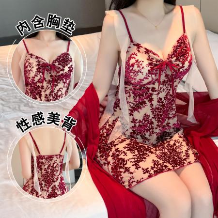 BY14898# 性感睡衣女烧花丝绒吊带睡裙网纱外袍蕾丝低胸带胸垫纯欲风家居服 睡裙批发睡衣批发家居服批发