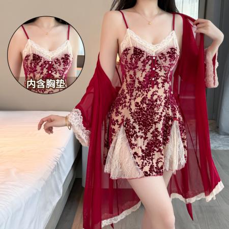 性感睡衣女烧花丝绒吊带睡裙网纱外袍蕾丝低胸带胸垫纯欲风家居服 睡裙批发睡衣批发家居服批发