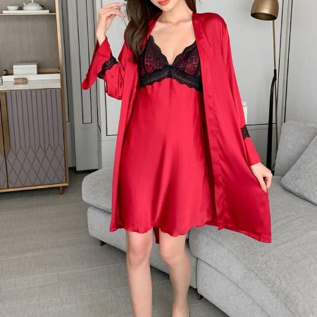 BY14902# 春夏性感睡衣女冰丝吊带睡裙睡袍两件套蕾丝美背带胸垫纯欲家居服 睡裙批发睡衣批发家居服批发