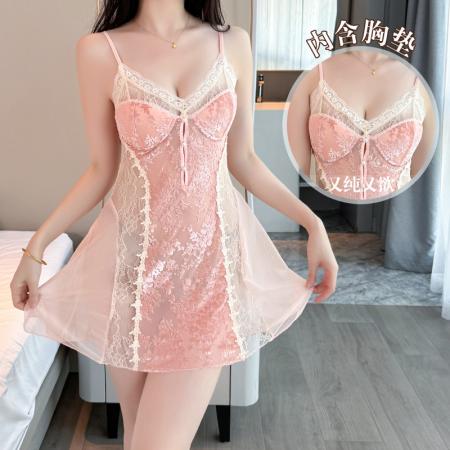 性感睡衣女烧花丝绒吊带睡裙蕾丝低胸带胸垫纯欲风家居服迷人情趣 睡裙批发睡衣批发家居服批发