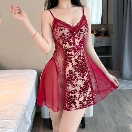 BY14903# 性感睡衣女烧花丝绒吊带睡裙蕾丝低胸带胸垫纯欲风家居服迷人情趣 睡裙批发睡衣批发家居服批发