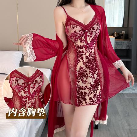 BY14904# 性感睡衣女烧花丝绒吊带睡裙网纱外袍蕾丝低胸带胸垫纯欲风家居服 睡裙批发睡衣批发家居服批发