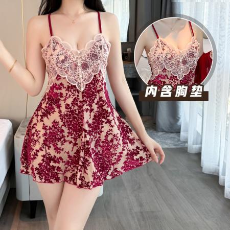 性感睡衣女烧花丝绒吊带睡裙蕾丝低胸带胸垫纯欲风家居服迷人情趣 睡裙批发睡衣批发家居服批发