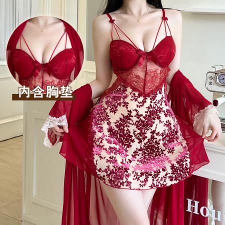 BY14908# 性感睡衣女烧花丝绒吊带睡裙网纱外袍蕾丝低胸带胸垫纯欲风家居服 睡裙批发睡衣批发家居服批发