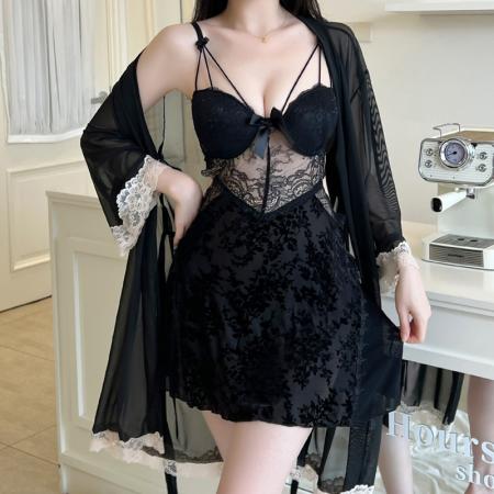 BY14908# 性感睡衣女烧花丝绒吊带睡裙网纱外袍蕾丝低胸带胸垫纯欲风家居服 睡裙批发睡衣批发家居服批发