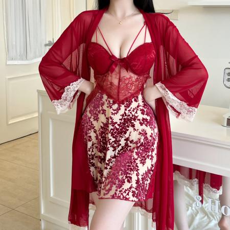BY14908# 性感睡衣女烧花丝绒吊带睡裙网纱外袍蕾丝低胸带胸垫纯欲风家居服 睡裙批发睡衣批发家居服批发