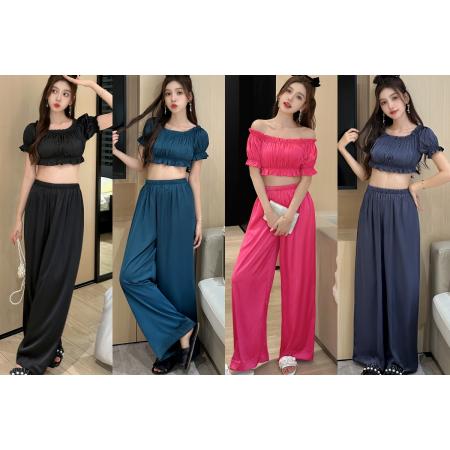 春夏新款睡衣女冰丝短袖长裤套装露脐短款上衣纯色性感家居服 睡裙批发睡衣批发家居服批发