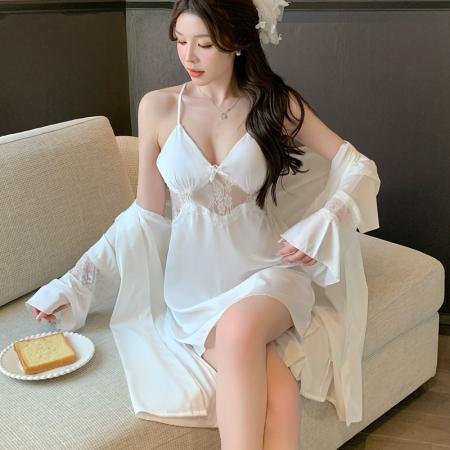 BY14915# 性感睡衣女冰丝吊带睡裙睡袍两件套蕾丝高级感带胸垫家居服 睡裙批发睡衣批发家居服批发