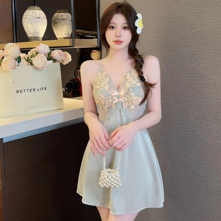 BY14916# 夏季性感吊带睡裙情趣睡衣蕾丝花边V领露背缎面法式情调冰丝薄款 睡裙批发睡衣批发家居服批发