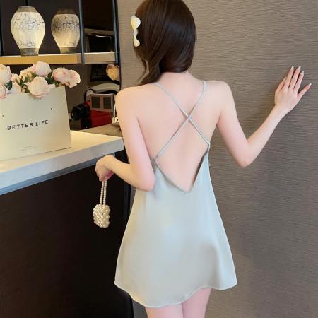 BY14916# 夏季性感吊带睡裙情趣睡衣蕾丝花边V领露背缎面法式情调冰丝薄款 睡裙批发睡衣批发家居服批发