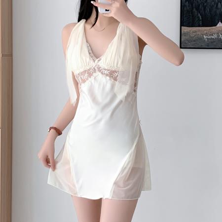 BY14918# 性感睡衣女缎面冰丝吊带睡裙蕾丝花边带胸垫高级感气质家居服 睡裙批发睡衣批发家居服批发