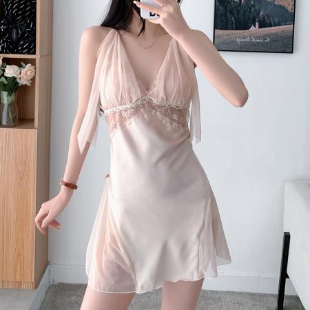 BY14918# 性感睡衣女缎面冰丝吊带睡裙蕾丝花边带胸垫高级感气质家居服 睡裙批发睡衣批发家居服批发