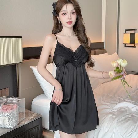 性感睡衣女冰丝吊带睡裙纯欲蕾丝V领带胸垫高级感轻奢家居服 睡裙批发睡衣批发家居服批发