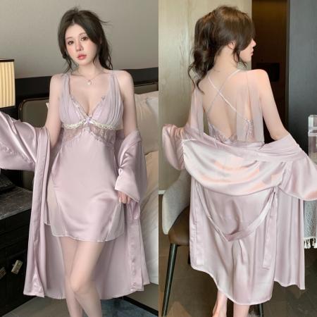 BY14920# 性感睡衣女缎面冰丝吊带睡裙睡袍两件套蕾丝花边带胸垫家居服 睡裙批发睡衣批发家居服批发