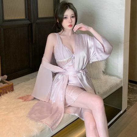 BY14920# 性感睡衣女缎面冰丝吊带睡裙睡袍两件套蕾丝花边带胸垫家居服 睡裙批发睡衣批发家居服批发