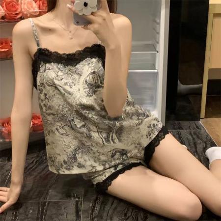 BY14925# 网图性感睡衣女夏吊带短裤套装缎面蕾丝花边带胸垫水墨印花家居服 睡裙批发睡衣批发家居服批发