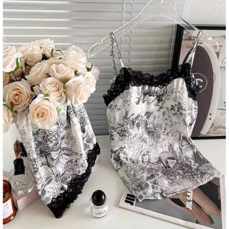 BY14925# 网图性感睡衣女夏吊带短裤套装缎面蕾丝花边带胸垫水墨印花家居服 睡裙批发睡衣批发家居服批发