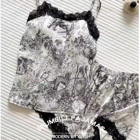 BY14925# 网图性感睡衣女夏吊带短裤套装缎面蕾丝花边带胸垫水墨印花家居服 睡裙批发睡衣批发家居服批发