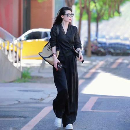 BY14955# FA56876# 新款透气亚麻V领系带上衣+阔腿直筒裤显瘦两件套女夏