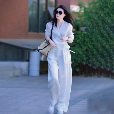 BY14955# FA56876# 新款透气亚麻V领系带上衣+阔腿直筒裤显瘦两件套女夏