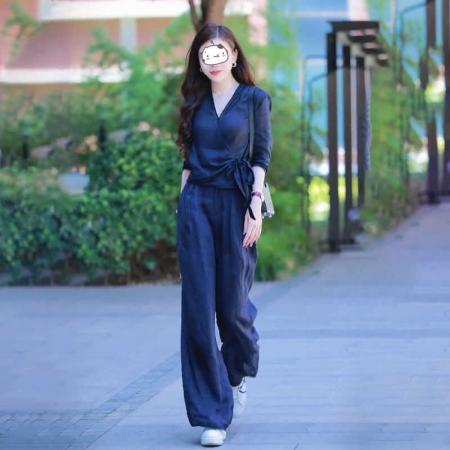 BY14955# FA56876# 新款透气亚麻V领系带上衣+阔腿直筒裤显瘦两件套女夏