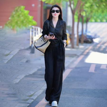 BY14955# FA56876# 新款透气亚麻V领系带上衣+阔腿直筒裤显瘦两件套女夏