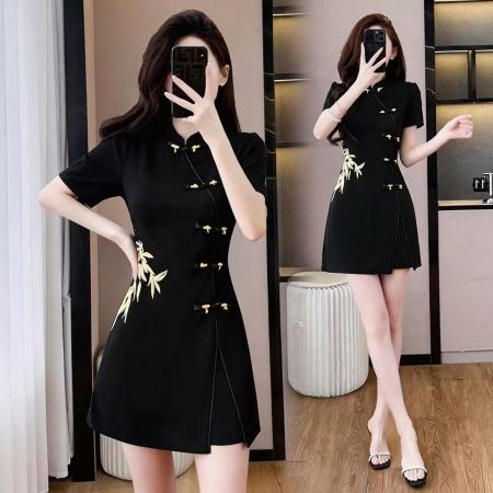 BY14956# 大码女装夏季新款改良版旗袍年轻款少女刺袖国潮显瘦两件套 服裝批發女裝批發服飾貨源