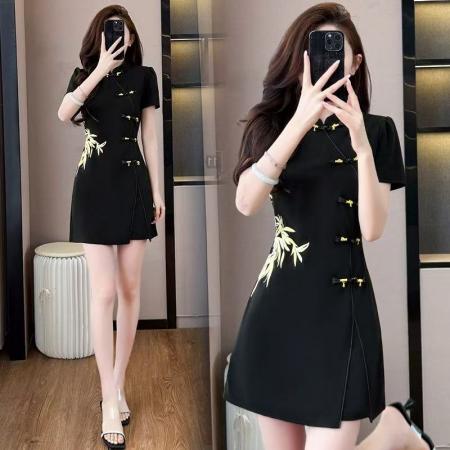 BY14956# 大码女装夏季新款改良版旗袍年轻款少女刺袖国潮显瘦两件套 服裝批發女裝批發服飾貨源