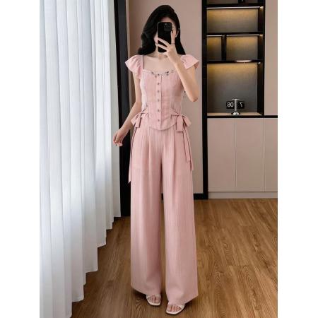 BY14957# 大码新款夏季时尚气质显瘦收腰荷叶袖绑带衬衫阔腿裤两件套 服裝批發女裝批發服飾貨源