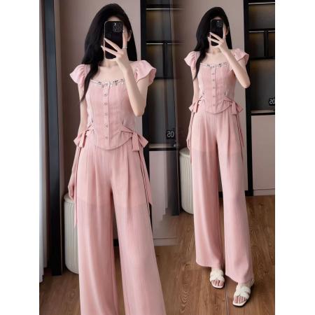 BY14957# 大码新款夏季时尚气质显瘦收腰荷叶袖绑带衬衫阔腿裤两件套 服裝批發女裝批發服飾貨源