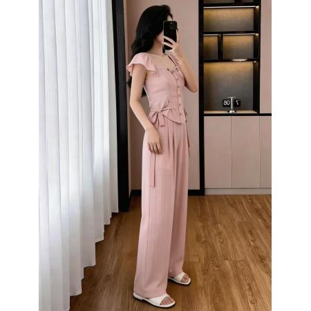 BY14957# 大码新款夏季时尚气质显瘦收腰荷叶袖绑带衬衫阔腿裤两件套 服裝批發女裝批發服飾貨源