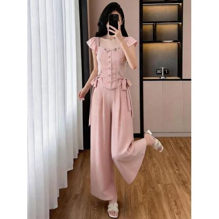 BY14957# 大码新款夏季时尚气质显瘦收腰荷叶袖绑带衬衫阔腿裤两件套 服裝批發女裝批發服飾貨源