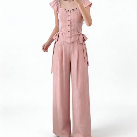 BY14957# 大码新款夏季时尚气质显瘦收腰荷叶袖绑带衬衫阔腿裤两件套 服裝批發女裝批發服飾貨源