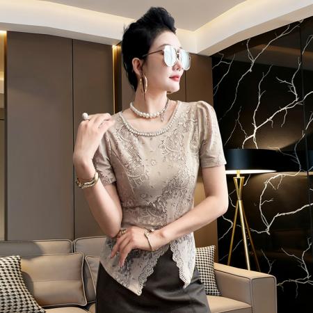 BY14958# 韩系蕾丝钩花圆领订珍珠短袖不规则开叉上衣女夏洋气修身显瘦打底 服裝批發女裝批發服飾貨源