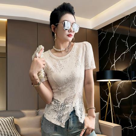 BY14958# 韩系蕾丝钩花圆领订珍珠短袖不规则开叉上衣女夏洋气修身显瘦打底 服裝批發女裝批發服飾貨源