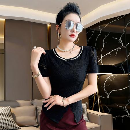 BY14958# 韩系蕾丝钩花圆领订珍珠短袖不规则开叉上衣女夏洋气修身显瘦打底 服裝批發女裝批發服飾貨源