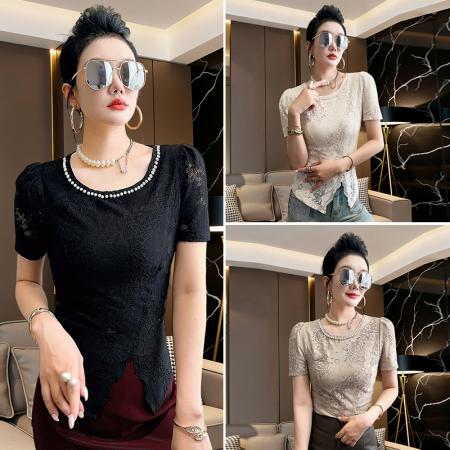 BY14958# 韩系蕾丝钩花圆领订珍珠短袖不规则开叉上衣女夏洋气修身显瘦打底 服裝批發女裝批發服飾貨源