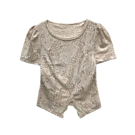 BY14958# 韩系蕾丝钩花圆领订珍珠短袖不规则开叉上衣女夏洋气修身显瘦打底 服裝批發女裝批發服飾貨源