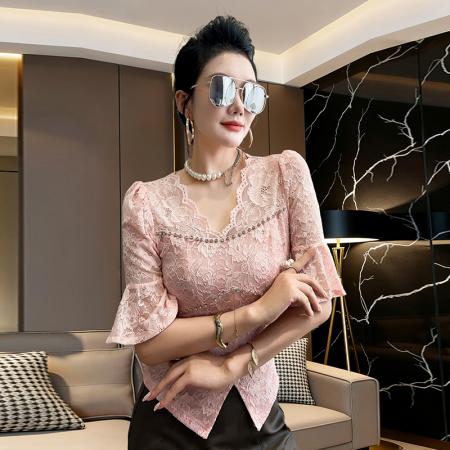 BY14959# 法式潮蕾丝高级性感v领订钻镂空泡泡中袖夏季开叉修身小衫女上衣 服裝批發女裝批發服飾貨源