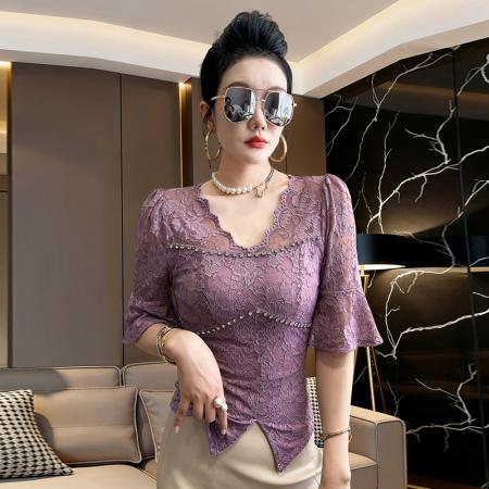 BY14959# 法式潮蕾丝高级性感v领订钻镂空泡泡中袖夏季开叉修身小衫女上衣 服裝批發女裝批發服飾貨源