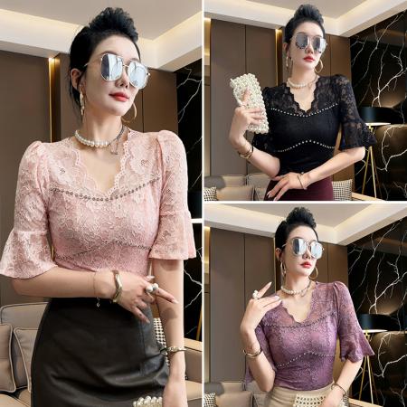 BY14959# 法式潮蕾丝高级性感v领订钻镂空泡泡中袖夏季开叉修身小衫女上衣 服裝批發女裝批發服飾貨源